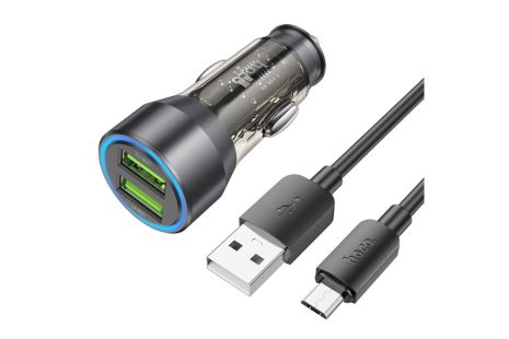 Автомобильное зарядное устройство Hoco NZ12 2 USB QC 36W transparent black + кабель USB to MicroUSB