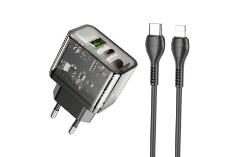 Зарядний пристрій Hoco N34 USB/ Type-C QC PD 20W, прозоро-чорний + кабель Type-C to Lightning