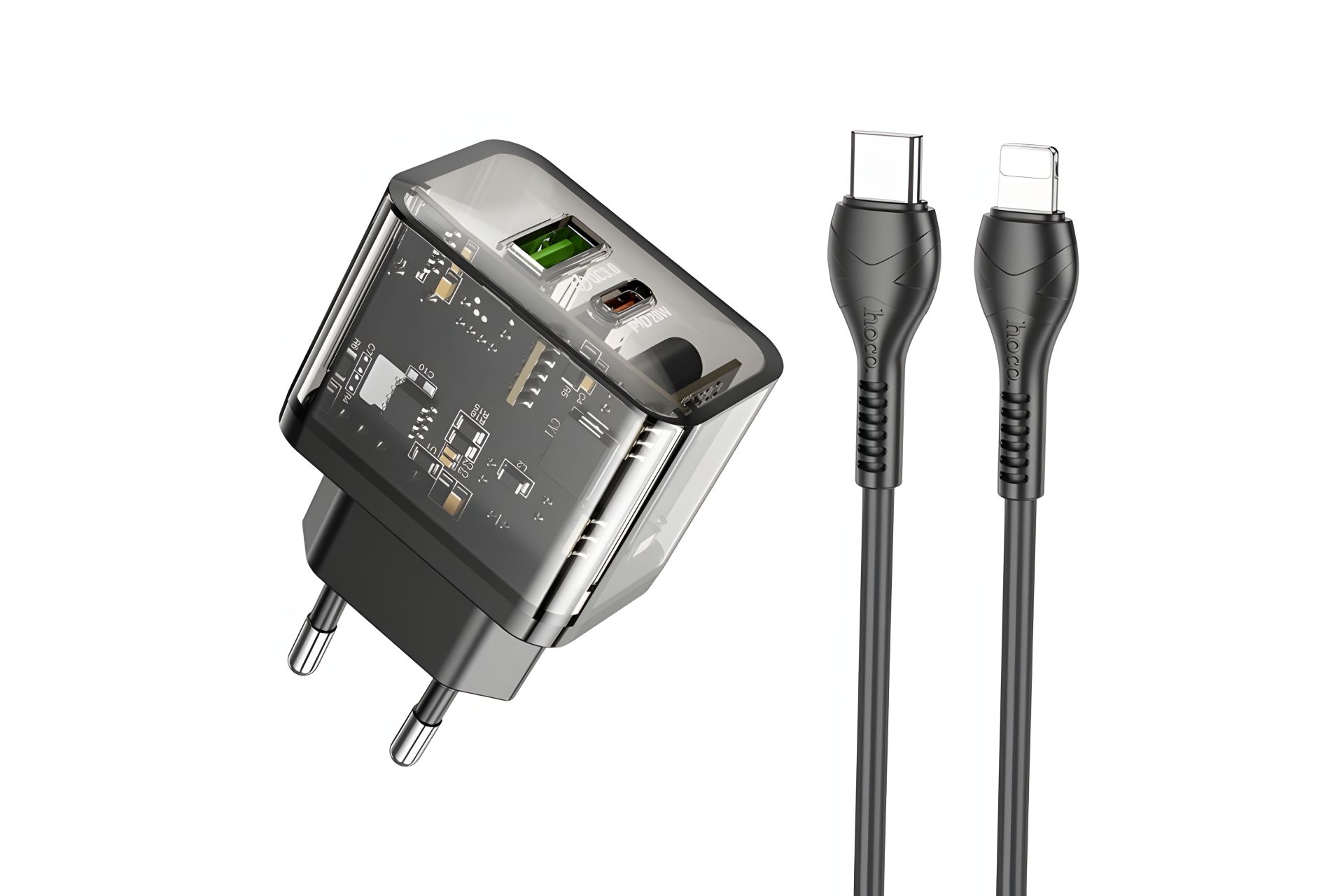 Зарядний пристрій Hoco N34 USB/ Type-C QC PD 20W прозоро-чорний + кабель Type-C to Lightning Зарядний пристрій Hoco N34 USB/ Type-C QC PD 20W прозоро-чорний + кабель Type-C to Lightning