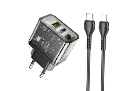 Сетевое зарядное устройство Hoco N34 USB/ Type-C QC PD 20W прозрачно-черное + кабель Type-C to Lightning