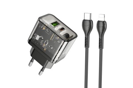 Зарядний пристрій Hoco N34 USB/ Type-C QC PD 20W, прозоро-чорний + кабель Type-C to Lightning