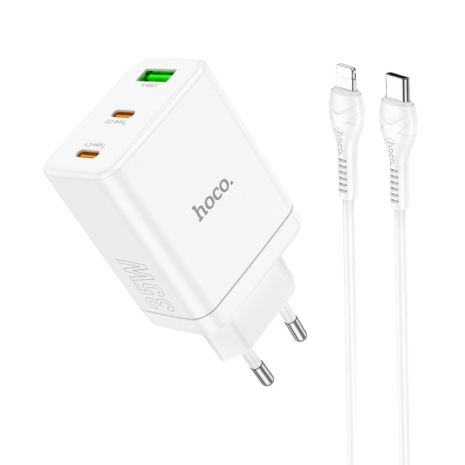 Сетевое зарядное устройство Hoco N33 USB/ 2 Type-C PD 35W белое + кабель Type-C to Lightning