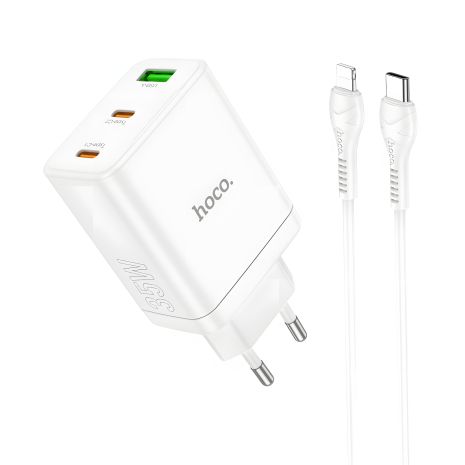 Мережевий зарядний пристрій Hoco N33 USB/2 Type-C PD 35W білий + кабель Type-C to Lightning