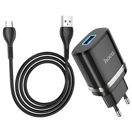 Мережевий зарядний пристрій Hoco N1, 2.4 А, USB, чорний, кабель USB to MicroUSB Мережевий зарядний пристрій Hoco N1, 2.4 А, USB, чорний, кабель USB to MicroUSB
