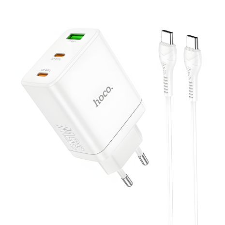 Зарядний пристрій Hoco N33 35W, 3А, USB/2 Type-C, PD, QC | білий + кабель Type-C to Type-C для швидкої зарядки
