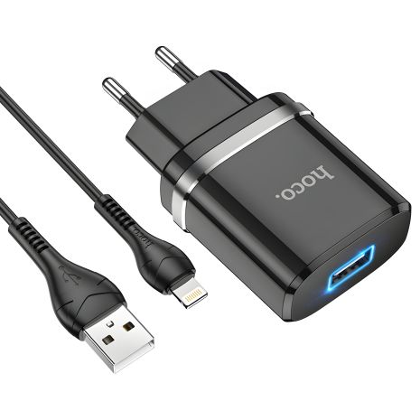 USB зарядний пристрій Hoco N1 2.4A чорний + кабель USB - Lightning