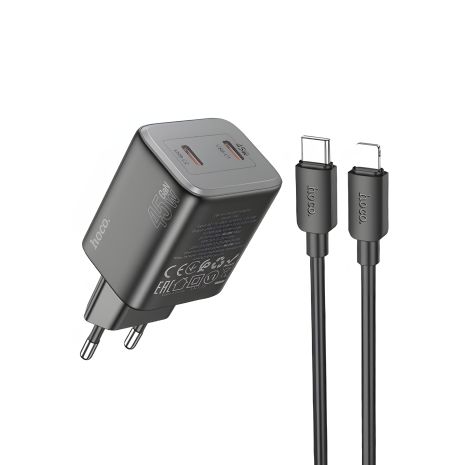 Мережевий зарядний пристрій Hoco N42 | 2 Type-C, 45W, PD, QC | чорний + кабель Type-C to Lightning