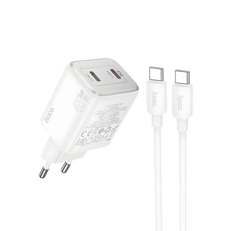 Мережевий зарядний пристрій Hoco N42 2 Type-C PD 45W white + кабель Type-C to Type-C Мережевий зарядний пристрій Hoco N42 2 Type-C PD 45W white + кабель Type-C to Type-C