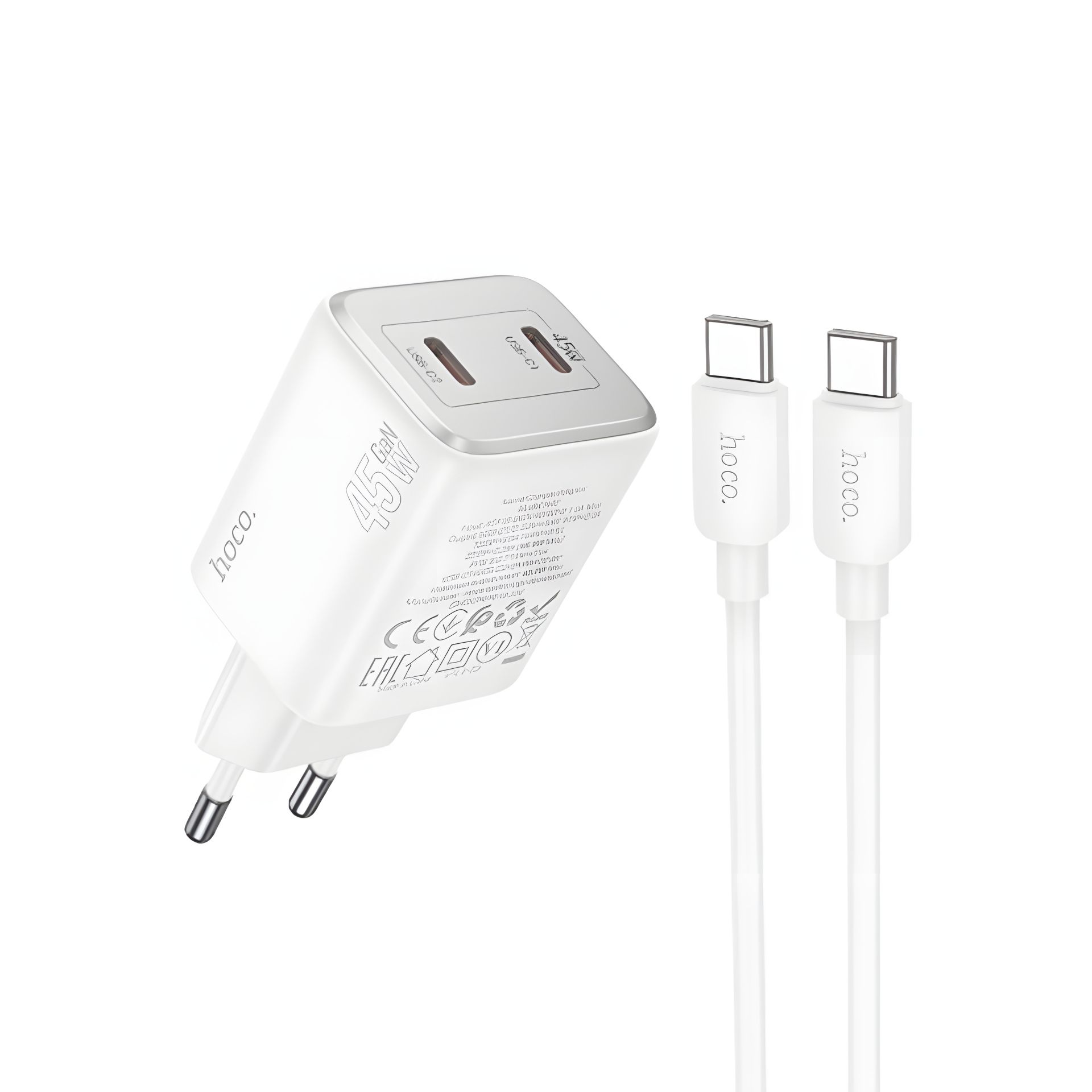 Мережевий зарядний пристрій Hoco N42 2 Type-C PD 45W white + кабель Type-C to Type-C Мережевий зарядний пристрій Hoco N42 2 Type-C PD 45W white + кабель Type-C to Type-C