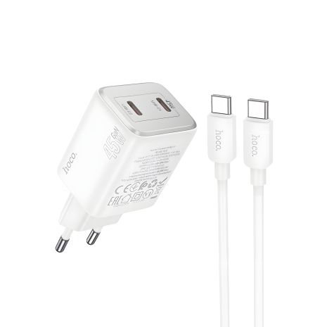 Мережевий зарядний пристрій Hoco N42 2 Type-C PD 45W white + кабель Type-C to Type-C Мережевий зарядний пристрій Hoco N42 2 Type-C PD 45W white + кабель Type-C to Type-C