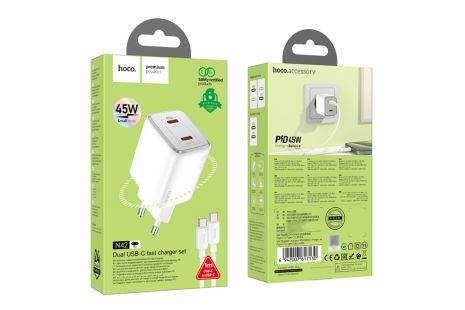 Мережевий зарядний пристрій Hoco N42 2 Type-C PD 45W white + кабель Type-C to Lightning