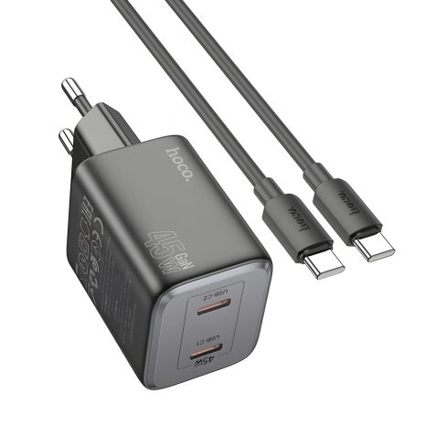 Мережевий зарядний пристрій Hoco N42 | 2 Type-C, 45W, PD, QC | black + кабель Type-C to Type-C Мережевий зарядний пристрій Hoco N42 | 2 Type-C, 45W, PD, QC | black + кабель Type-C to Type-C