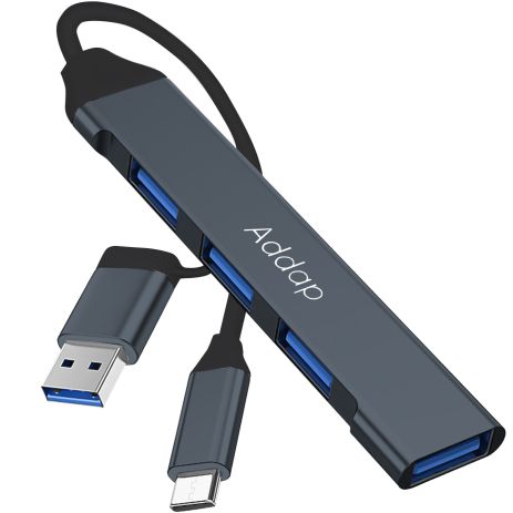 USB Type-C хаб с адаптером под USB-A порт Addap UH-05D, концентратор / разветвитель для ноутбука на 4 порта USB, Gray