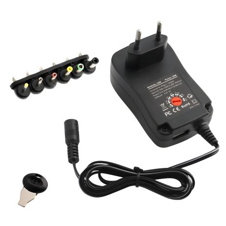 Універсальний блок живлення/адаптер AC-DC 30W | 3V – 12V, 2.5A, USB 5Vx2.1A | вибір напруги та комплект перехідників чорний