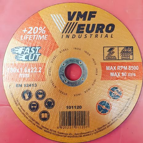 101120 Круг відрізний для металу та нержавійки VMF EURO Industrial Premium 180*1.6*22.2