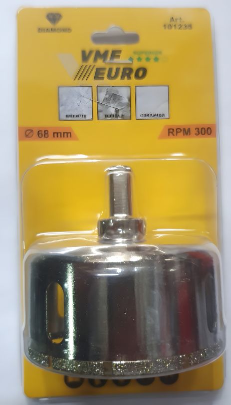 101235 VMF EURO Свердло алмазне з шестигранним хвостовиком 68мм. 101235 VMF EURO Свердло алмазне з шестигранним хвостовиком 68мм.