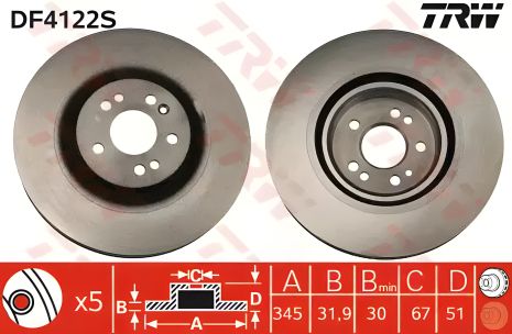 Гальмівний диск MERCEDES ML(163) F D=345mm 00-05, TRW (DF4222S)