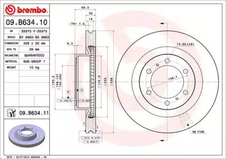 Диск тормозной LAND CRUISER 150 3.0D-4D 2010-,4.0 V6 VVT-I 2010-передн. (BREMBO), BREMBO (09B63411)