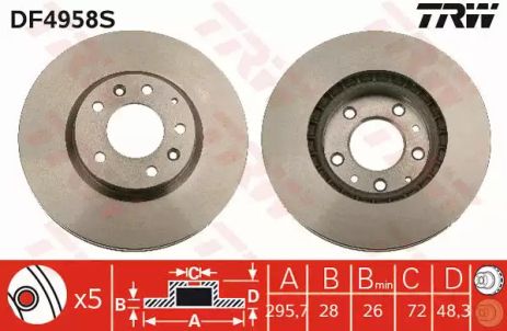 Диск гальмівний MAZDA CX-7(ER)/CX-9(TB) F D=295,7mm 07-15, TRW (DF4958S)
