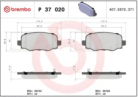 Комплект тормозных колодок для дискового тормоза CHRYSLER 200, JEEP CHEROKEE, BREMBO (P37020)