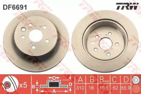 Диск гальмівний (1 шт.) LEXUS IS350/RC350/GS350 R D=310mm 12, TRW (DF6691)