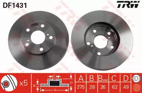 Диск тормозной (1 шт.) LEXUS - TOYOTA ES 300 (Nato)/Avensis Verso/Camry/Camry (Nato)/Previa, TRW (DF