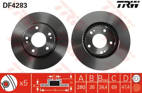 Передній гальмівний диск Ceed/Carens III/Magentis/Sportage/Tucson 04- (280x26), TRW (DF4283)