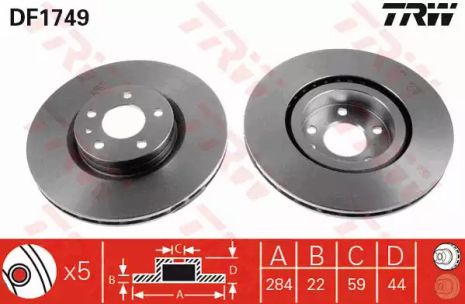 Диск тормозной (1 шт.) ALFA ROMEO - FIAT - LANCIA 147/156/156 Sportwagon/164/GT/GTV/S, TRW (DF1749)