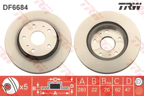 Тормозной диск (1 шт.) для SUZUKI SX4 FD=280mm 06, TRW (DF6684)