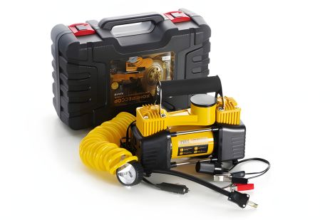 Компрессор СИЛА двухпоршневой 85 л/мин. 10 Атм, витой шланг, пластиковый кейс (900410) Компрессор СИЛА двухпоршневой 85 л/мин. 10 Атм, витой шланг, пластиковый кейс (900410)