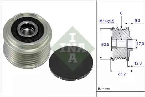 Шкив генератора TOYOTA Corolla 07-13, Auris E150 06-12, Corolla 02-07, HYUNDAI Sonata YF 09-1, INA (535021910)