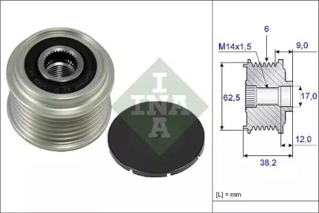 Шків генератора TOYOTA Corolla 07-13, Auris E150 06-12, Corolla 02-07, HYUNDAI Sonata YF 09-1, INA (535021910)