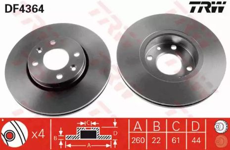 Диск тормозной (1 шт.) NISSAN Micra/Micra CC/Note, TRW (DF4364)