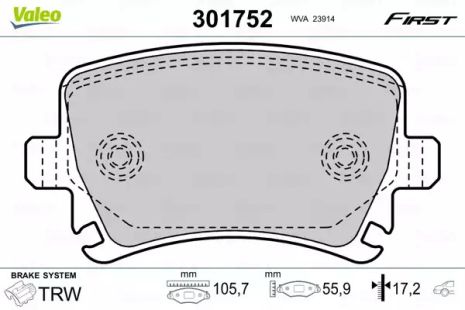 Комплект гальмівних колодок, дискове гальмо SKODA OCTAVIA, SEAT LEON, VALEO (301752)