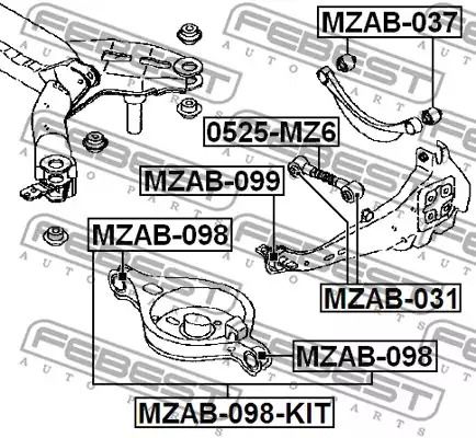 Комплект сайлентблоков заднего рычага Mazda 6 02-07, FEBEST (MZAB098KIT)