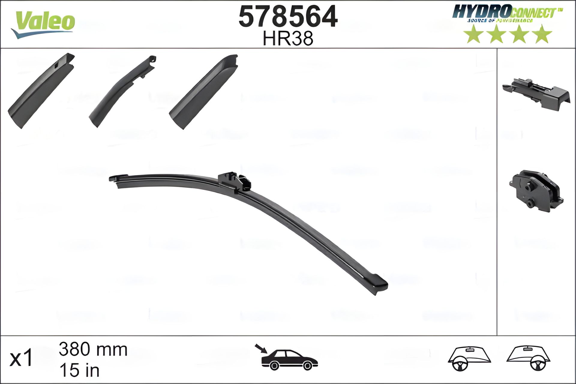 Задній щітка склоочисника 380 мм скла HYDROCONNECT, VALEO (578564) Задній щітка склоочисника 380 мм скла HYDROCONNECT, VALEO (578564)