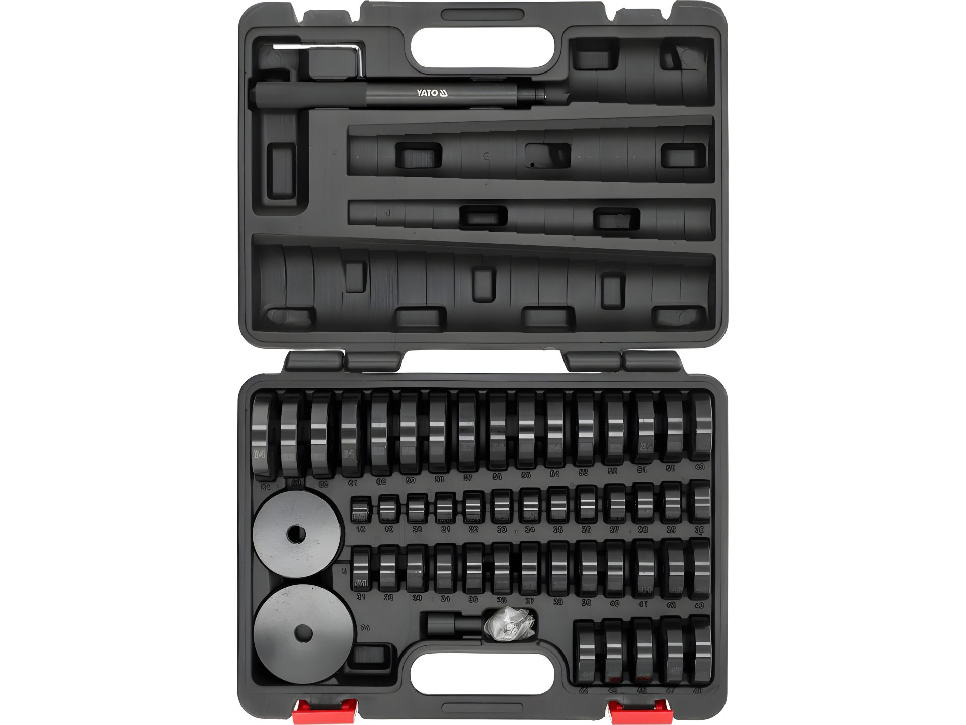 Средства для регуляции подшипников и сальников: 2 штифта l=115/215 мм, переходники Ø=18-47 мм, 52 шт Yato YT-25417 Средства для регуляции подшипников и сальников: 2 штифта l=115/215 мм, переходники Ø=18-47 мм, 52 шт Yato YT-25417