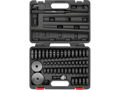 Средства для регуляции подшипников и сальников: 2 штифта l=115/215 мм, переходники Ø=18-47 мм, 52 шт Yato YT-25417 Средства для регуляции подшипников и сальников: 2 штифта l=115/215 мм, переходники Ø=18-47 мм, 52 шт Yato YT-25417