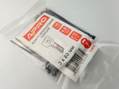 Пластиковый хомут APRO 80х3 (100 шт.) черный, 1 УПАКОВКА (CT-B380) Пластиковый хомут APRO 80х3 (100 шт.) черный, 1 УПАКОВКА (CT-B380)