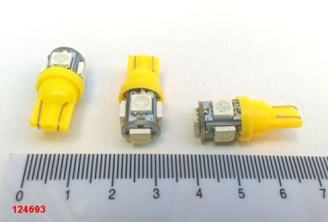 Лампа светодиод б/ц 12V W5W T10 5SMD (50 х 50) желтая