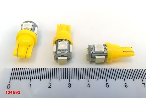 Светодиодная лампа 12V W5W T10 5SMD (50 х 50) желтая