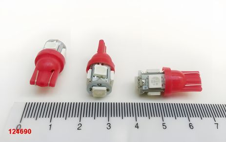 Лампа светодиодная W5W T10 5SMD 12V красная (50 х 50) Лампа светодиодная W5W T10 5SMD 12V красная (50 х 50)