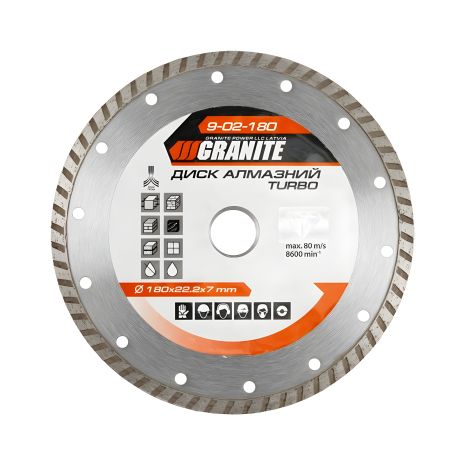 Алмазний диск TURBO 180×2.6 мм 22-24% 8600 об/хв MASTERTOOL 9-02-180