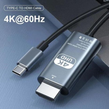 Адаптер переходник 4K 60Hz Type-C to HDMI 2m, металл, ПВХ, Black-Grey (TH001-MPV20KG-460)