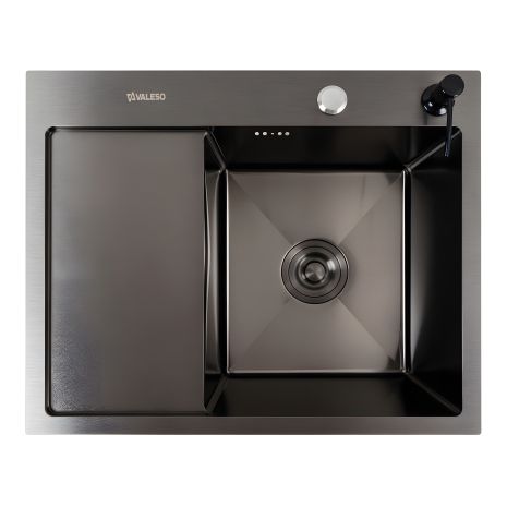 Чёрная кухонная мойка CM 58*48 R PVD VALESO Handmade (круглый сифон 3,0/0,8)