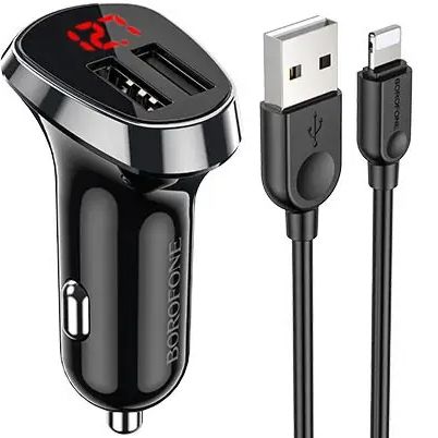 Автомобільний зарядний пристрій Borofone BZ15 2 USB з чорним дисплеєм + кабель USB to Lightning iPhone