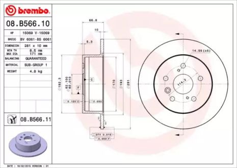 Диск тормозной LEXUS ES, TOYOTA (GAC), TOYOTA CAMRY, BREMBO (08B56611)