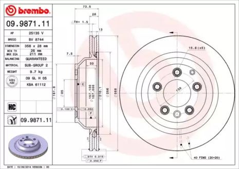 Диск гальмівний AUDI Q7, VW TOUAREG, PORSCHE CAYENNE, BREMBO (09987111)