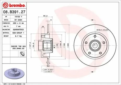 Диск тормозной RENAULT SCÉNIC, RENAULT MEGANE, RENAULT CLIO, BREMBO (08B39127)