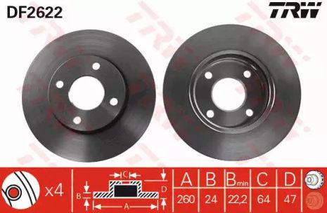 Диск гальмівний FORD MONDEO, FORD SCORPIO, FORD COUGAR, TRW (DF2622)